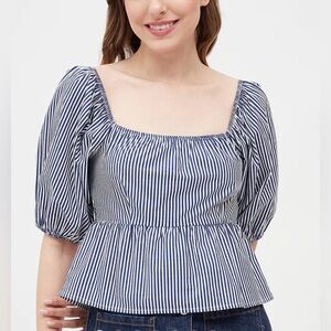Sim & Sam Striped Navy and White Poplin Babydoll Top size S